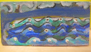 bits of crystal float on acrylic waves 3 3/4 by 1 3/4  painting $10